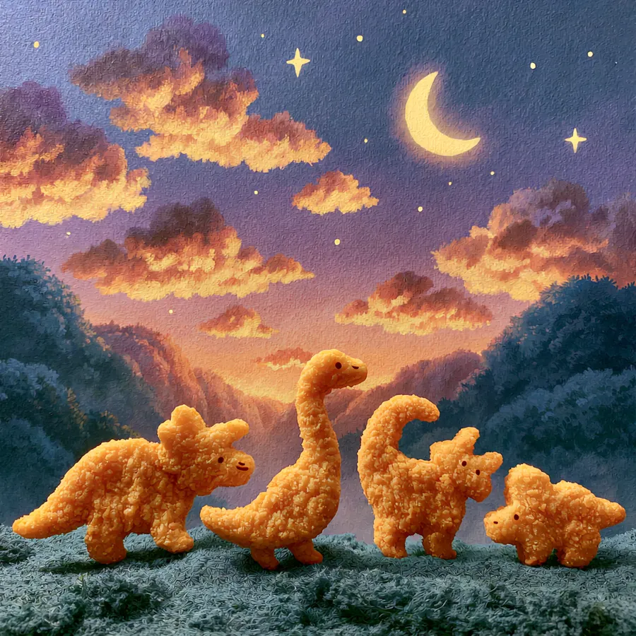 Dino Nuggies under a watercolor night sky