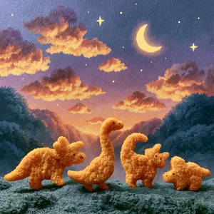 Dino Nuggies under a watercolor night sky