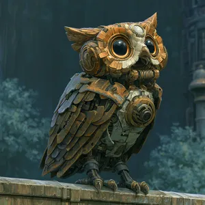 A cute mechanical owl looking skyward