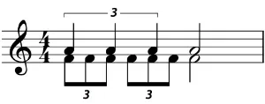 Quarter note triplets on A, eighth note triplets underneath on F, showing how they align