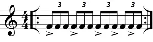 A measure of 4/4 with eighth note triplets with accents on the beat on beats 1 and 2, and eighth note triplets with accents every two notes on beats 3 and 4.